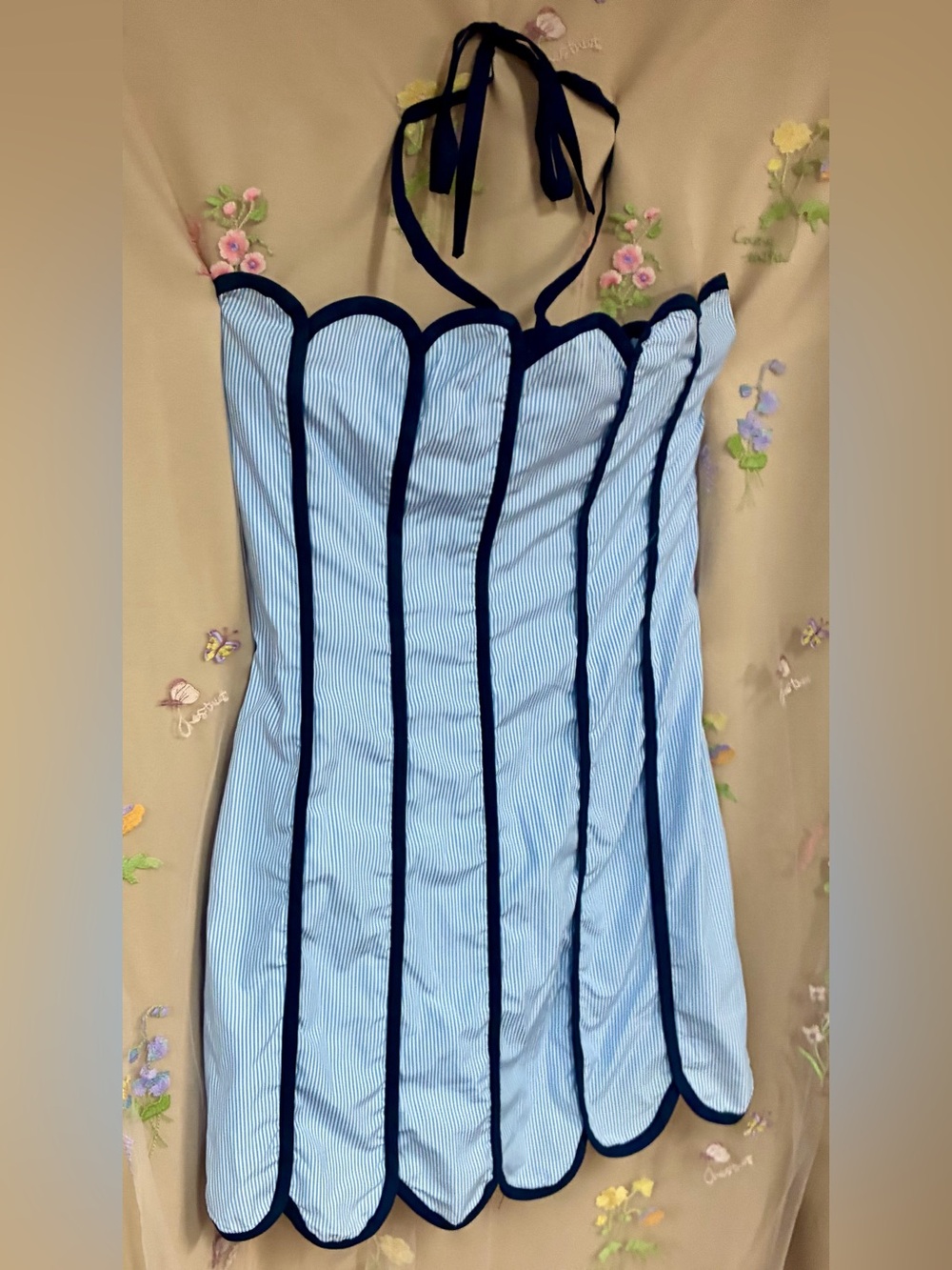 TCEC Blue White Striped Scallop Halter Mini Dress Navy Trim M